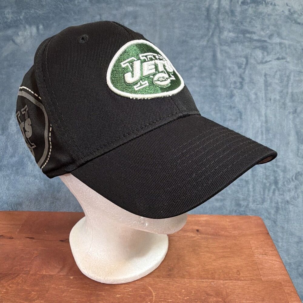 VTG Reebok New York Jets Hat L/XL On Field Fitted Flex Cap Black Oval Logo NFL